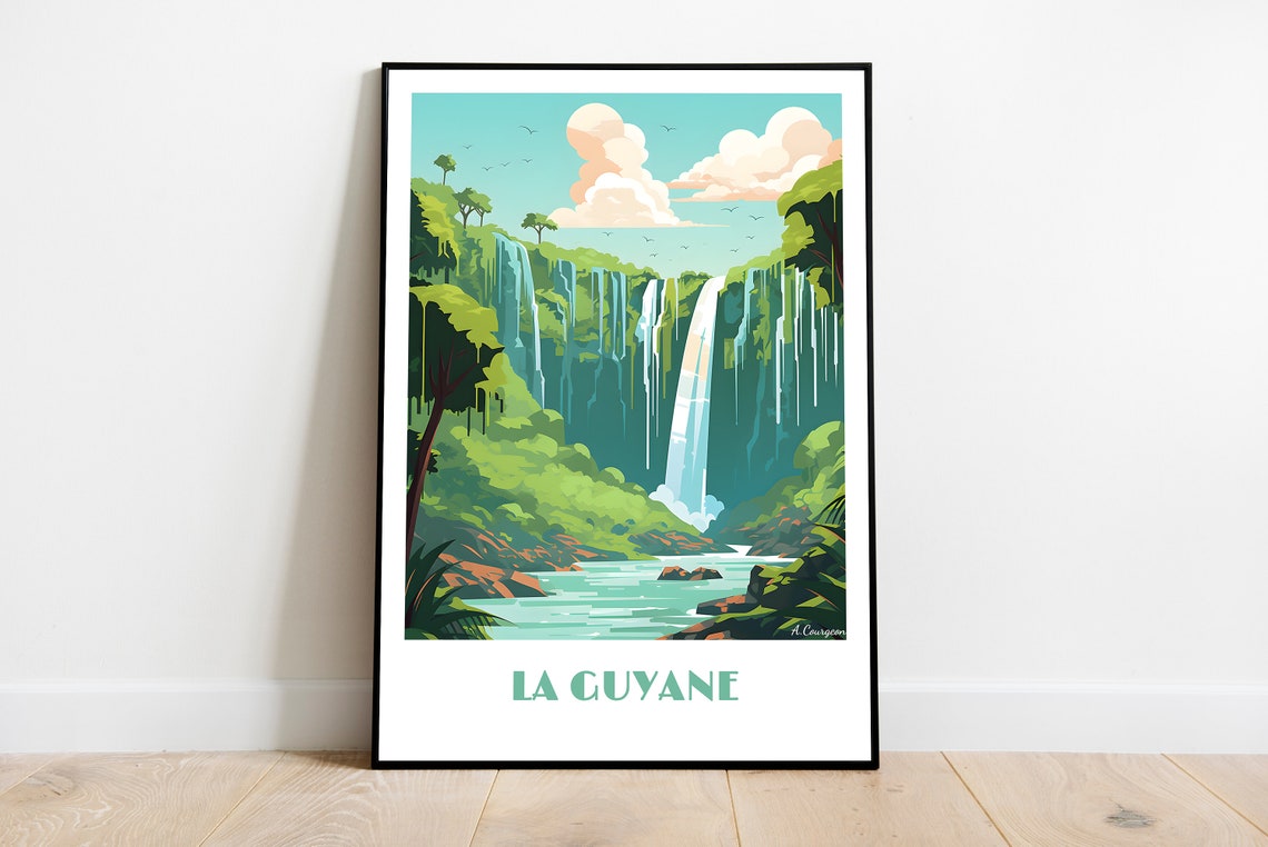 La Guyane Waterfall Rainforest Retro Travel Poster Jungle Art