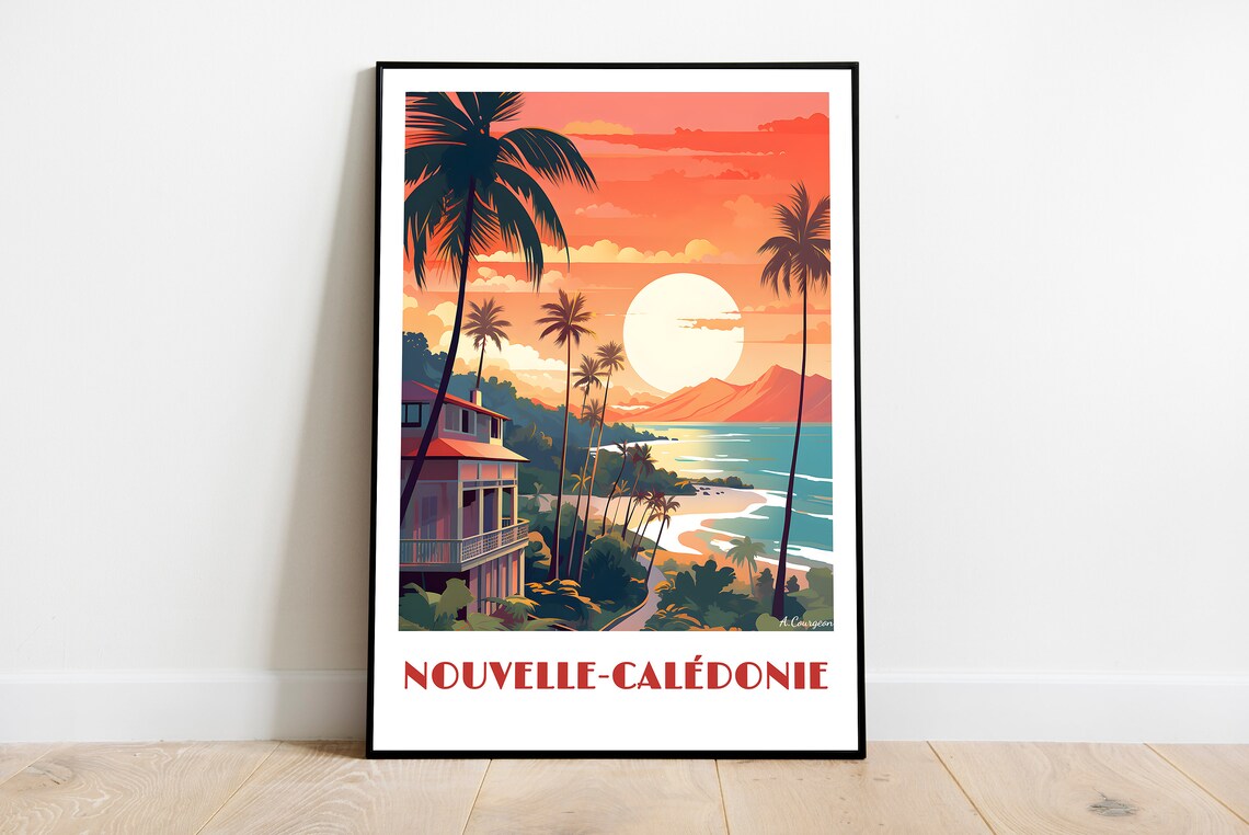 Nouvelle Caledonie Pacific Island Sunset Palm Vintage Travel Art Poster