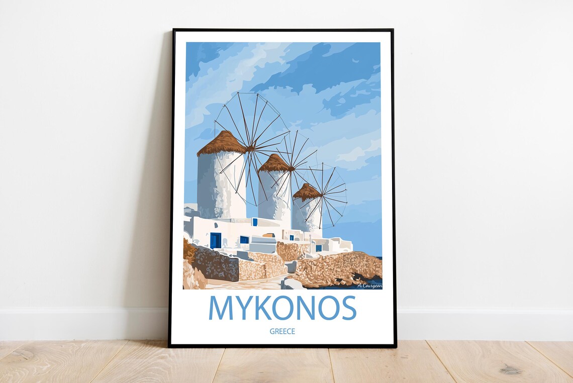 Mykonos Greece White Windmills Blue Sky Island Travel Poster