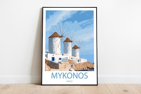 Mykonos Greece White Windmills Blue Sky Island Travel Poster
