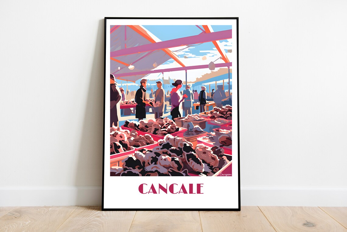 Cancale Seaside Oyster Market Stalls Retro France Travel Poster