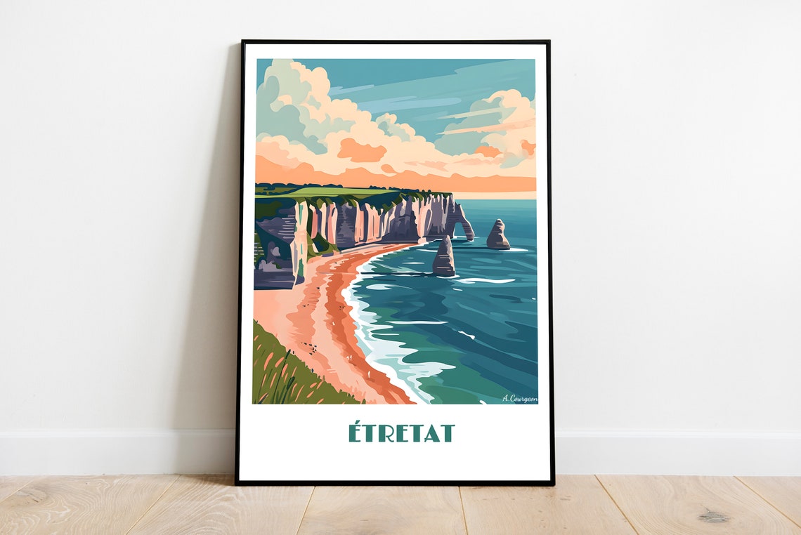 Étretat Normandy White Cliffs Coastal Vintage Style Travel Poster