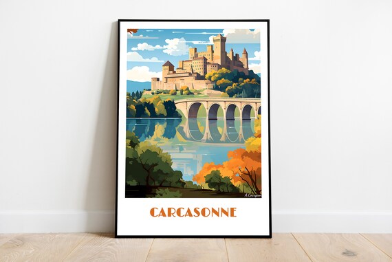 Handmade Carcasonne Poster Wall Art Retro Travel Framed Birthday Home Made Decor Gift Vector Illustration Print Painting Custom