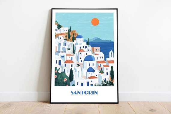 Santorini Greece Handmade Poster Wall Art Modern Travel Framed Birthday Home Made Decor Gift Illustration Print Painting Custom