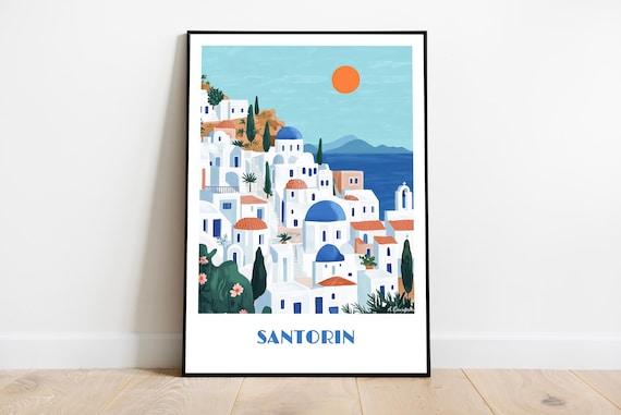 Santorini Greece White Village Blue Domes Vintage Travel Poster