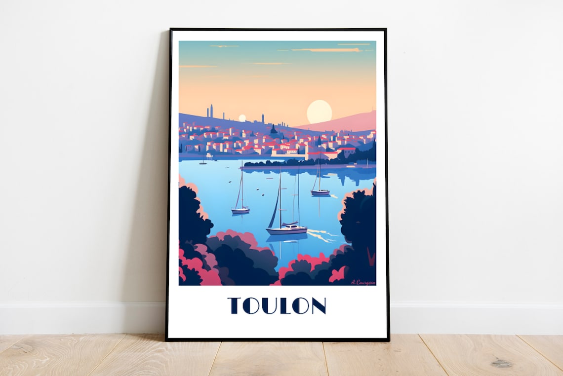 Toulon France Harbor Sunset Sailboats Vintage Travel Art Poster