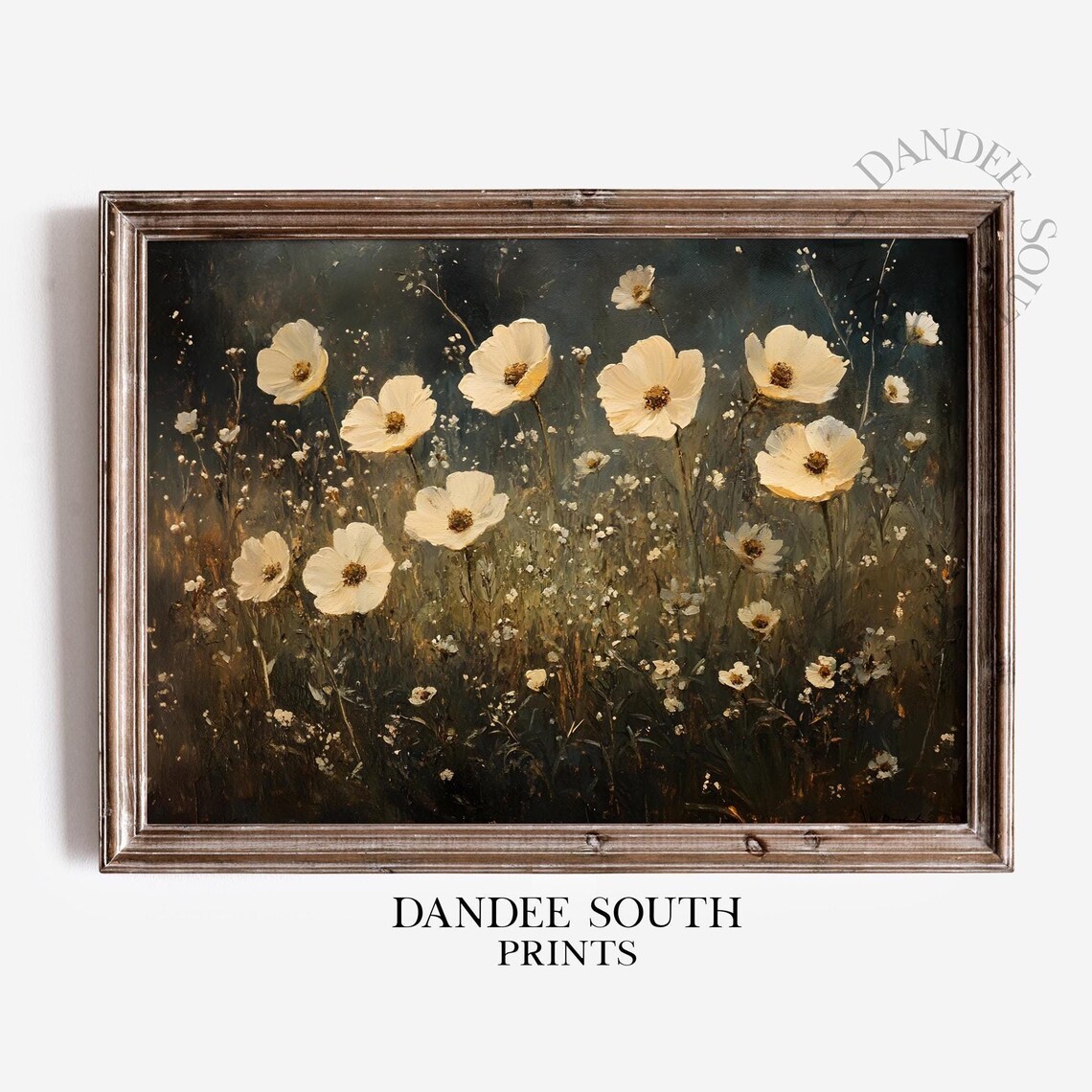 White Wildflowers Moody Oil Painting Dark Botanical Farmhouse Wall Art