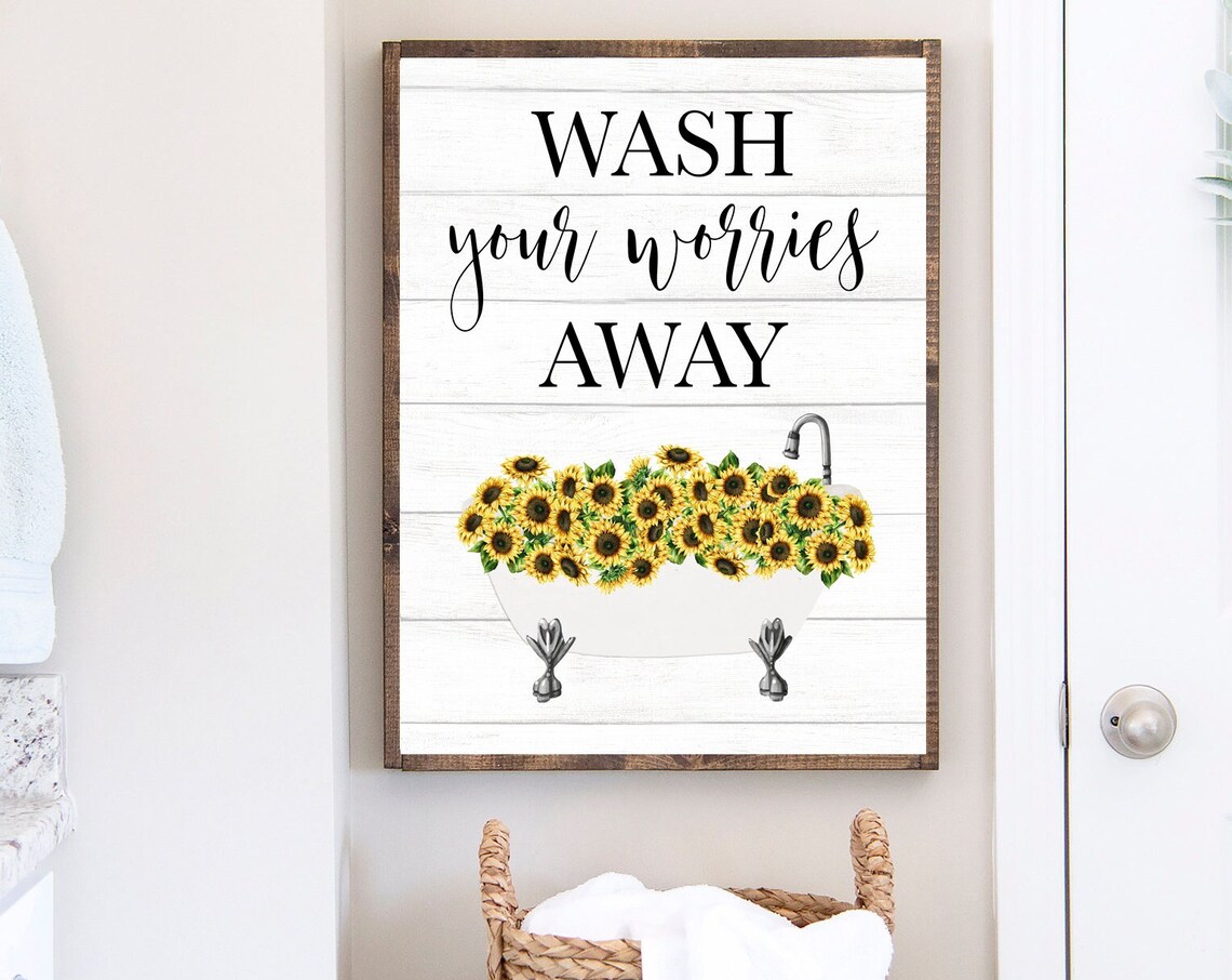 Sunflower Filled White Clawfoot Tub Wash Your Worries Away Poster