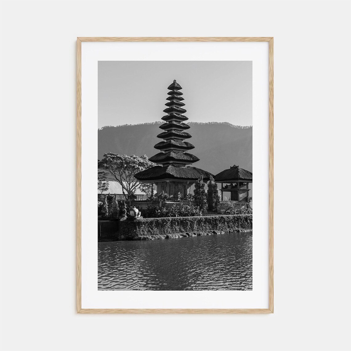 Bali Temple Pagoda on the Water Ulun Danu Beratan Black White Poster