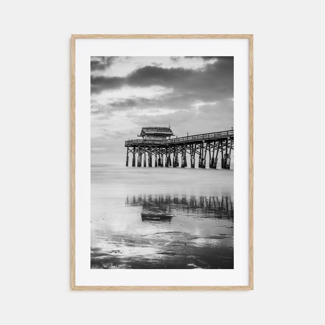 Weathered Wooden Pier Over Calm Sea Black and White Ocean Poster