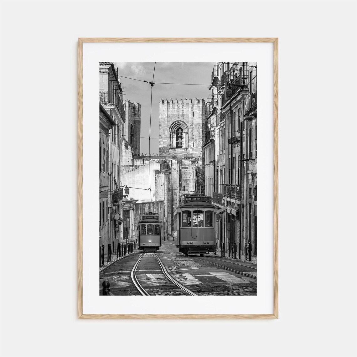 Lisbon Tram Street Black And White Portugal Cathedral Poster