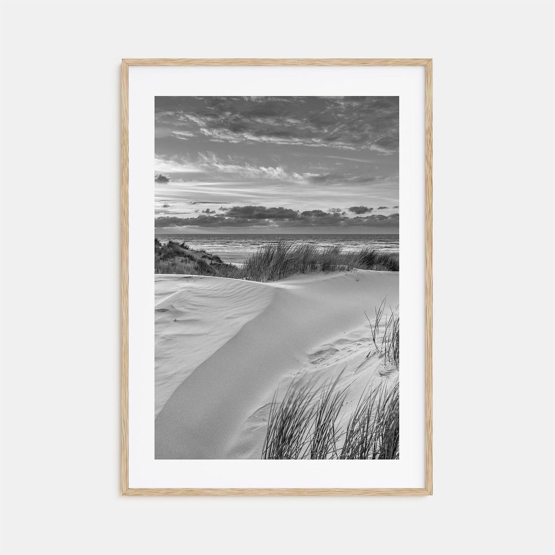 Sunset Coast Sand Dunes Beach Grass Golden Sky Black White Poster