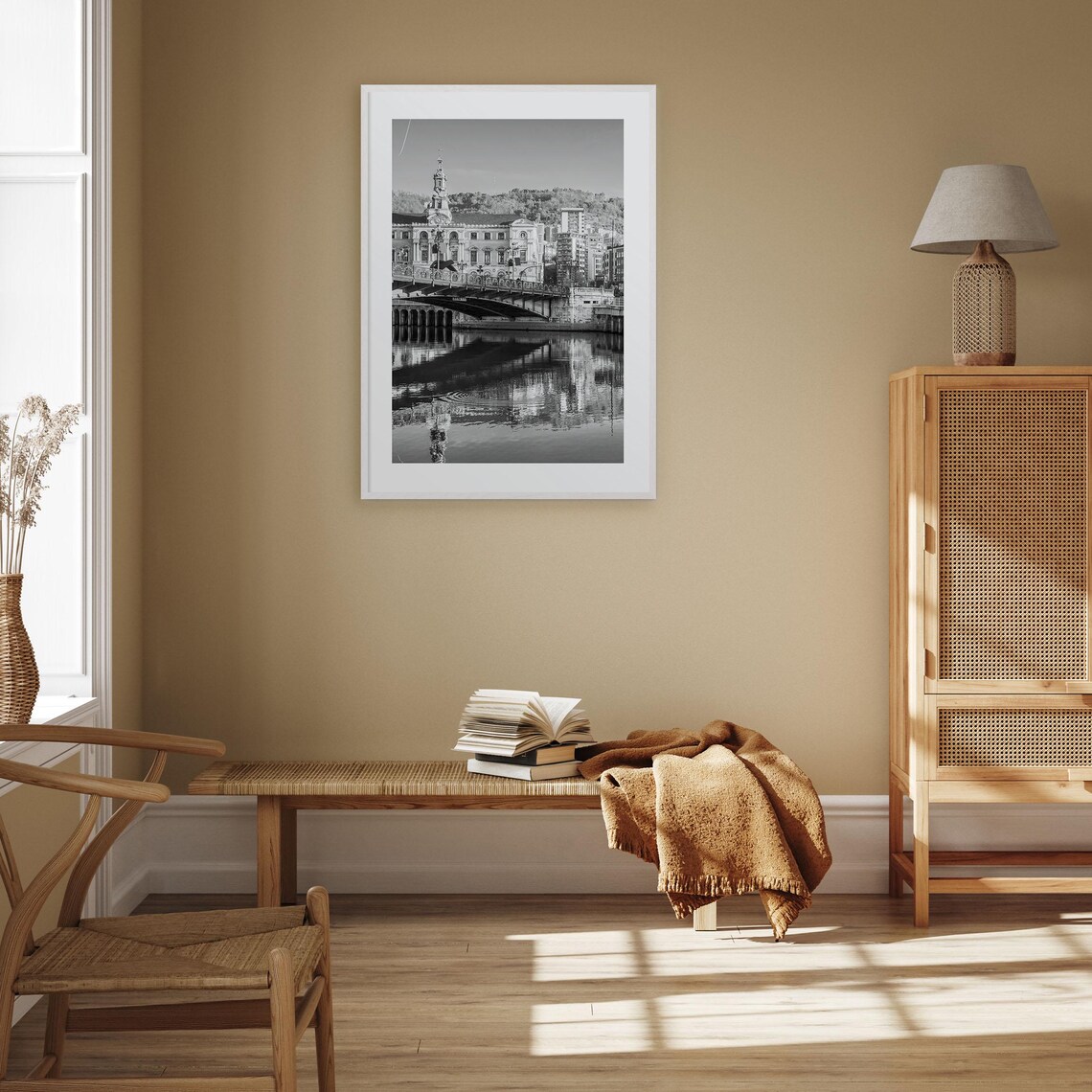 Bilbao Bridge and Clock Tower Reflection Black and White Photo Poster - Image 3