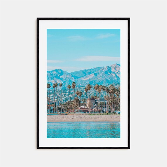 Santa Barbara Beach Palm Trees Mountain Coast Colorful Photo Poster
