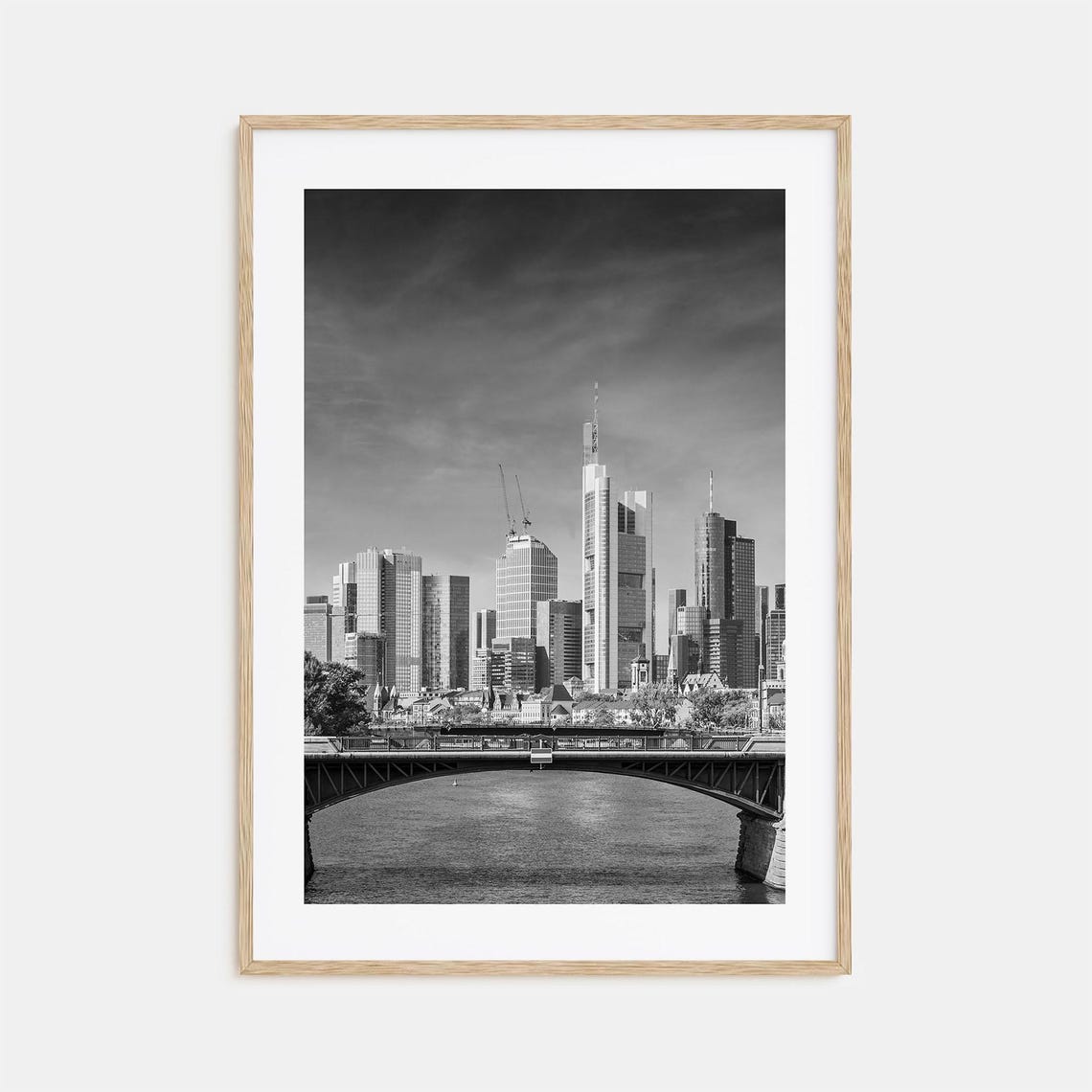 Frankfurt Am Main Black And White Skyline Over River Bridge Poster