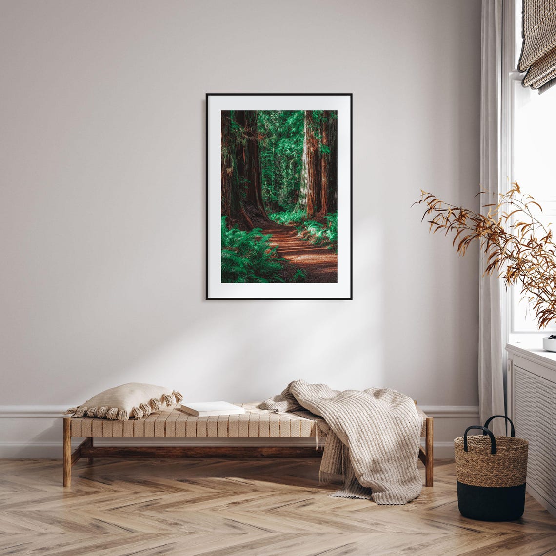 Redwood Forest Path Green Ferns Sunlight Towering Trees Nature Poster - Image 2