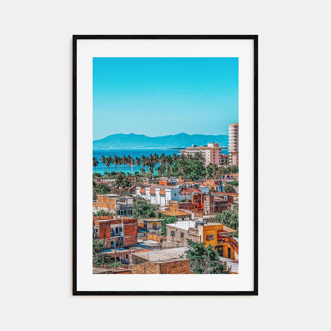 Coastal City Red Tile Roofs Palm Trees Ocean View Sunny Travel Poster