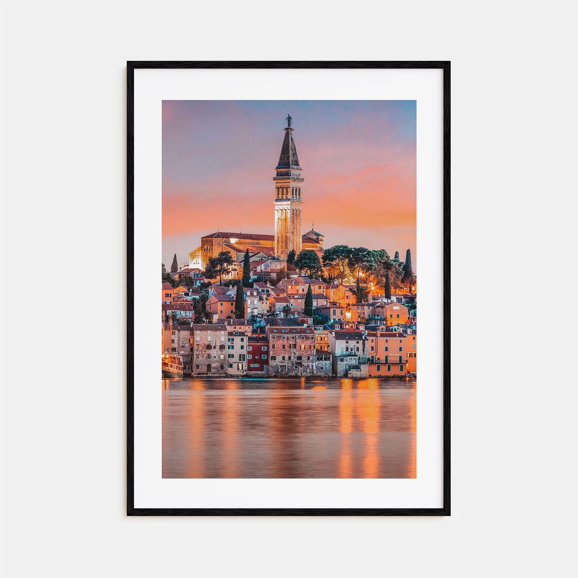 Rovinj Croatia Old Town Bell Tower Glowing at Sunset Over Water Print