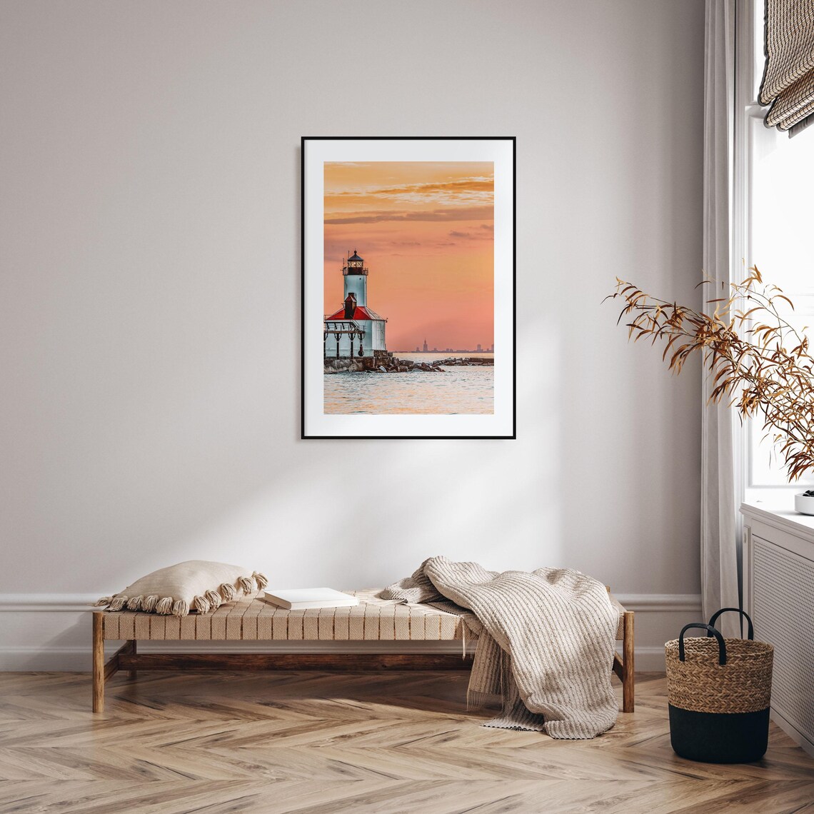 Lake Michigan Lighthouse Sunset Orange Sky Distant City Skyline Poster - Image 2
