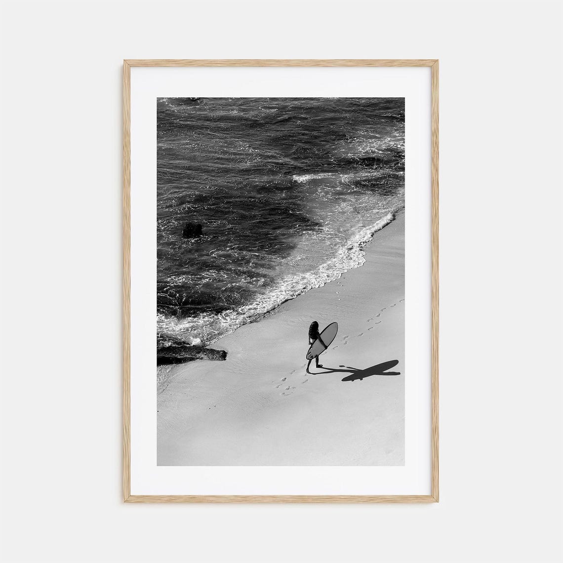 Lone Surfer Walking The Shoreline From Above Black White Poster