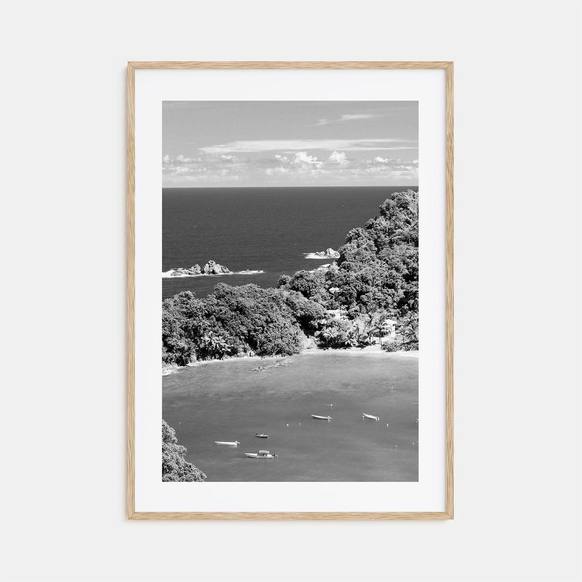 Trinidad And Tobago Tropical Bay Boats Palm Trees Black White Poster