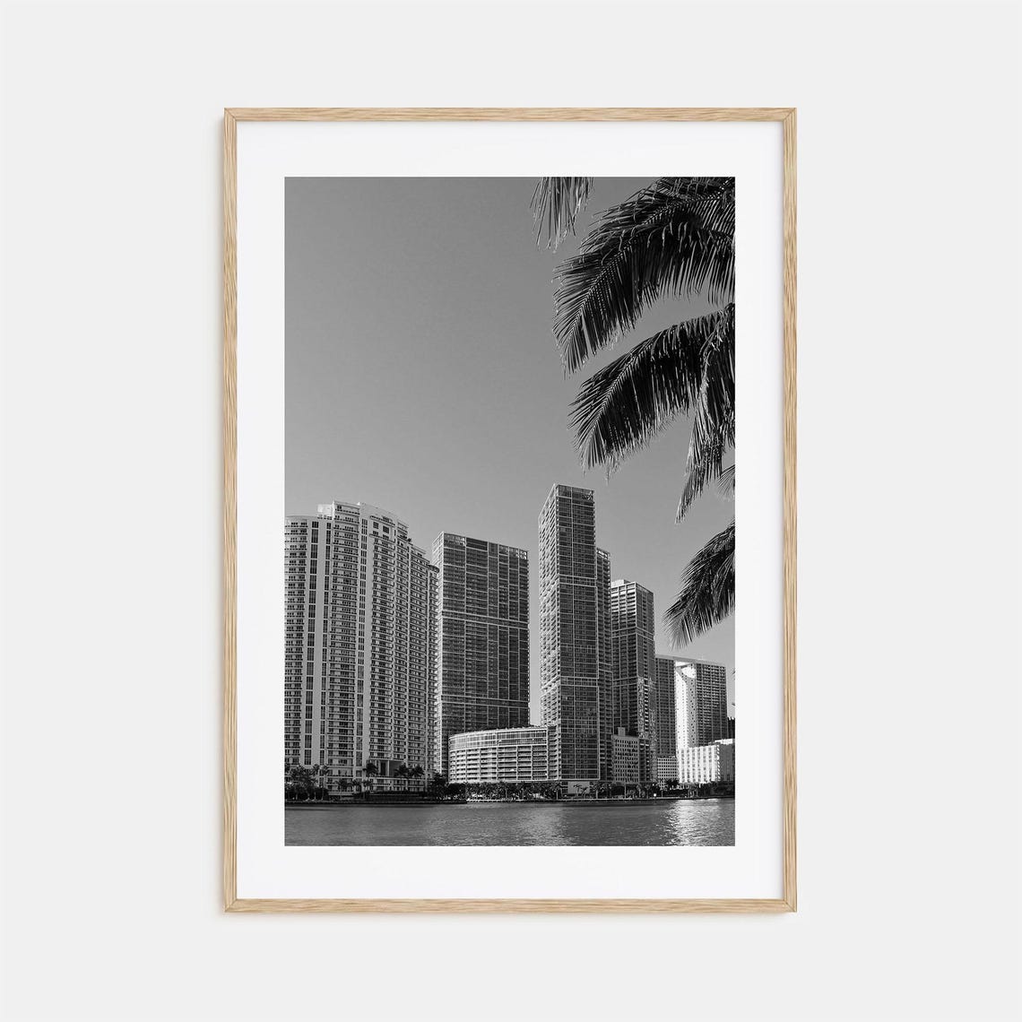 Miami Downtown Towers Palm Trees Waterfront Black and White Poster
