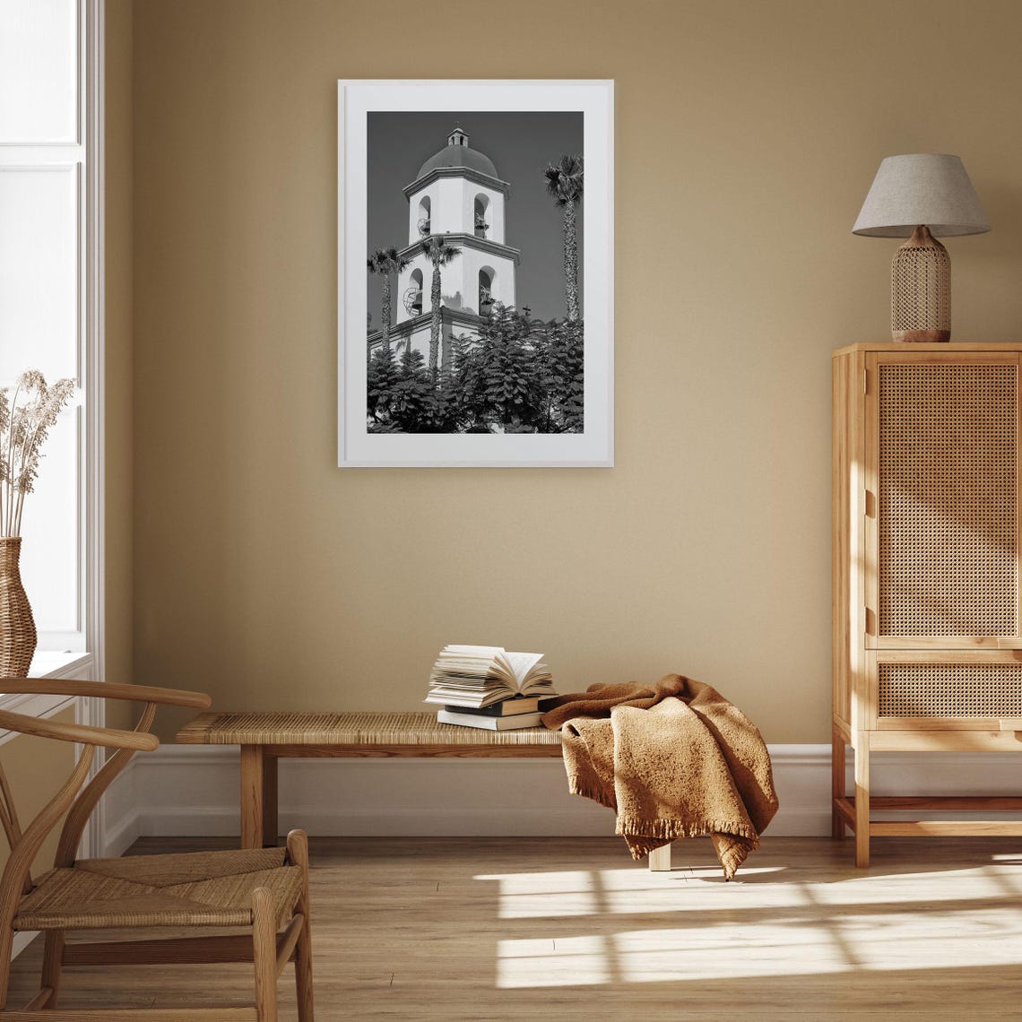 Spanish Bell Tower Dome and Palms Black and White Mission Poster - Image 3