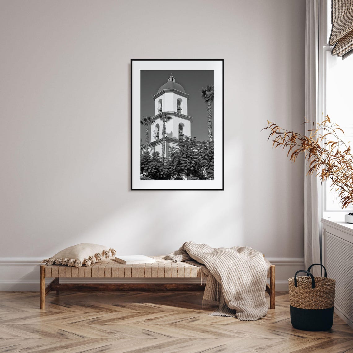 Spanish Bell Tower Dome and Palms Black and White Mission Poster - Image 2