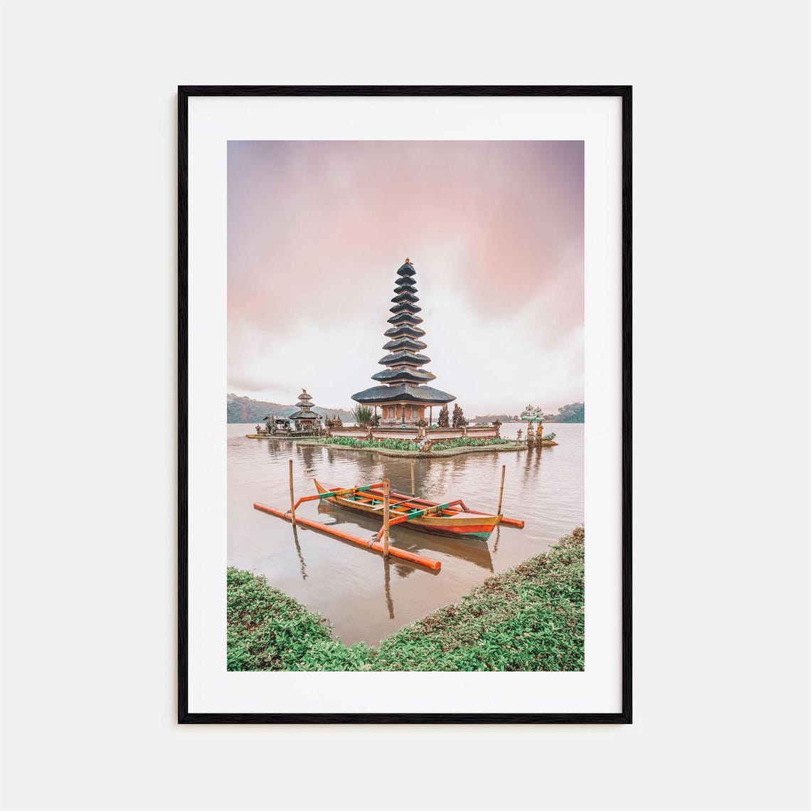 Bali Ulun Danu Temple On Lake With Outrigger Boat Photo Poster