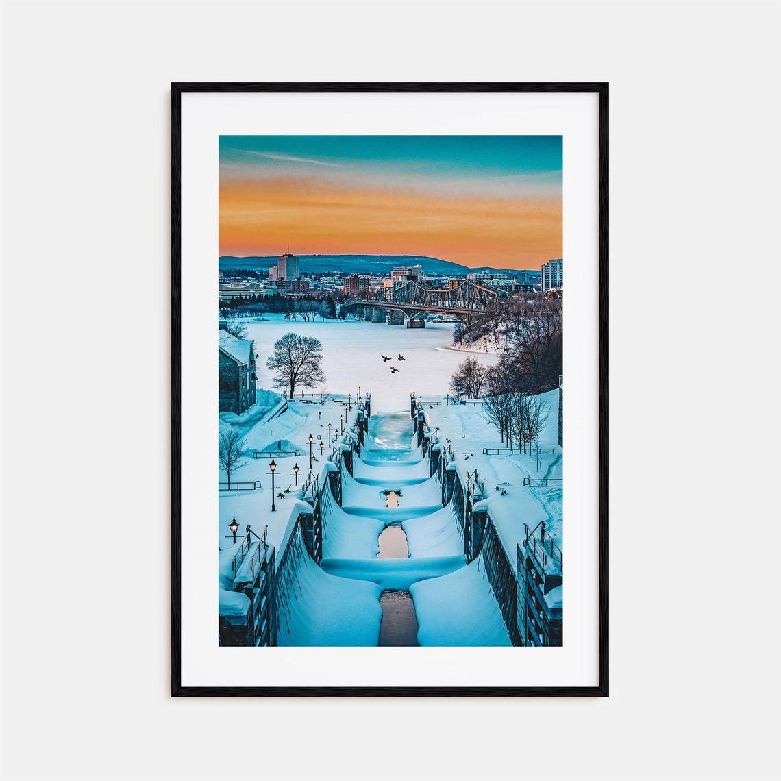 Snowy Ottawa Rideau Canal Locks in Winter Sunset Glow Canada Print