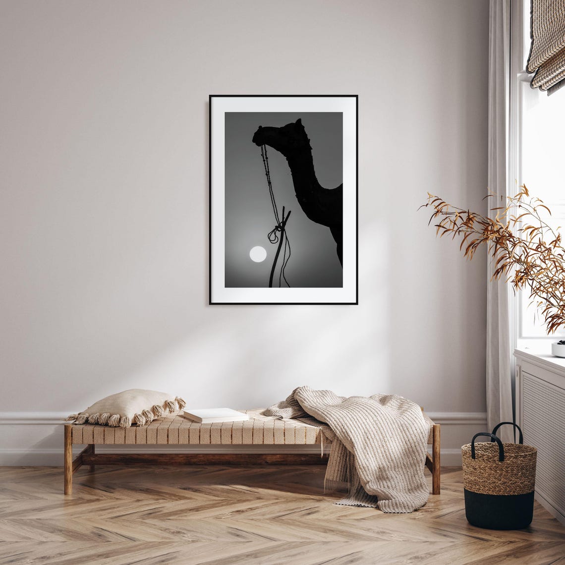 Camel Silhouette Against Glowing Setting Sun Black And White Poster - Image 2