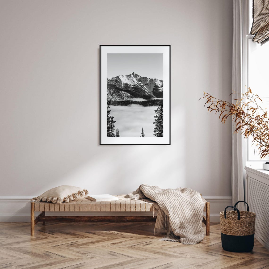 Big Sky Snowy Mountain Peak Above Clouds Black And White Poster - Image 2