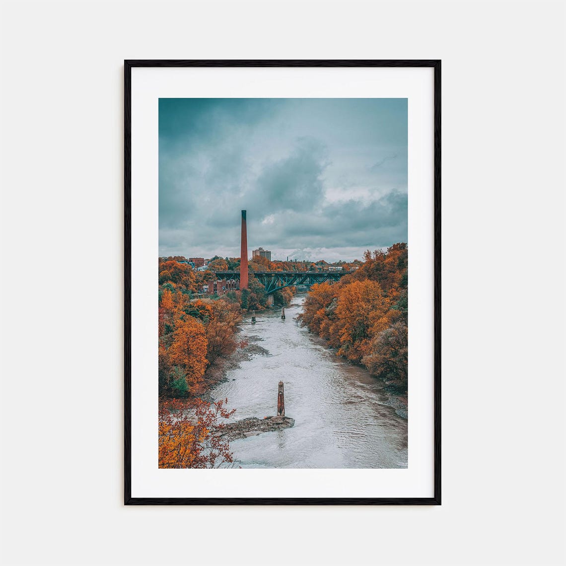 Rochester New York Autumn River Smokestack Bridge Photo Poster