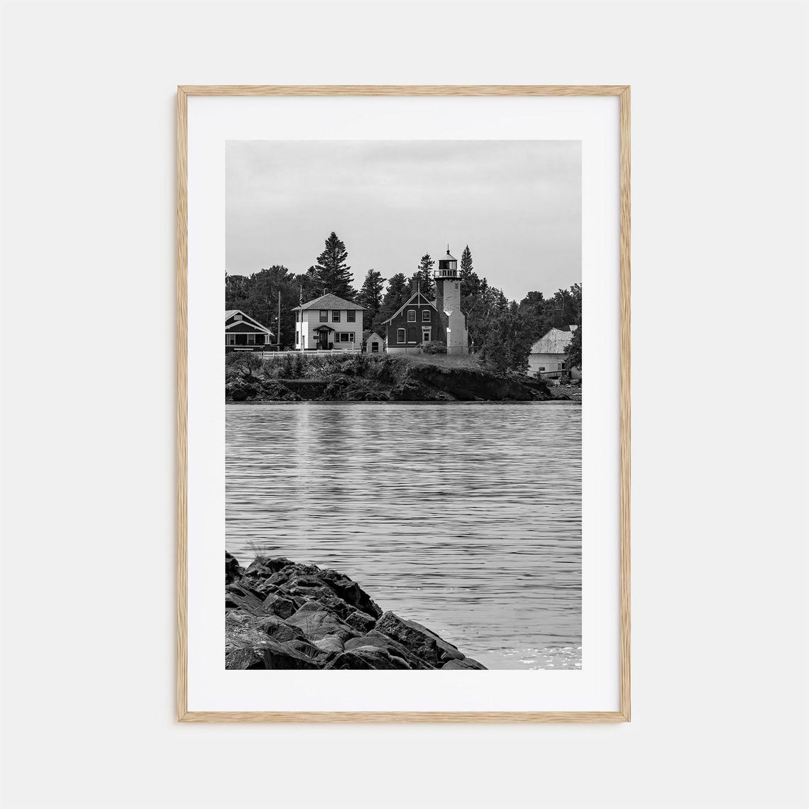 Upper Peninsula Lighthouse Rocky Shore Black And White Photo Poster