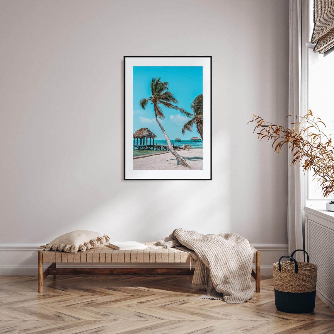 Belize Tropical Beach With Palm Trees And Thatched Pier Photo Poster - Image 2