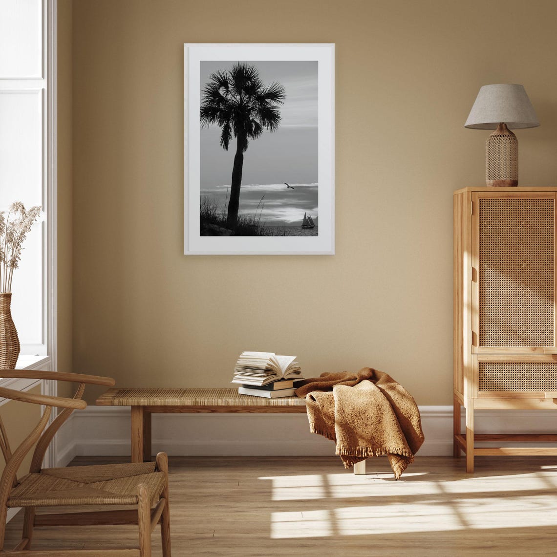 Clearwater Palm Tree Silhouette Sunset Sailboat Black White Poster - Image 3