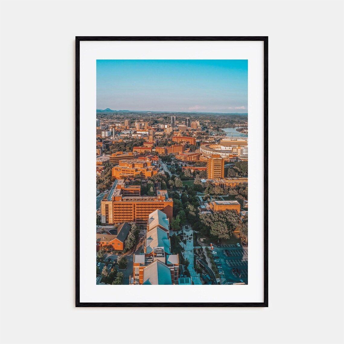 Aerial City View Stadium Golden Hour Urban Photography Print