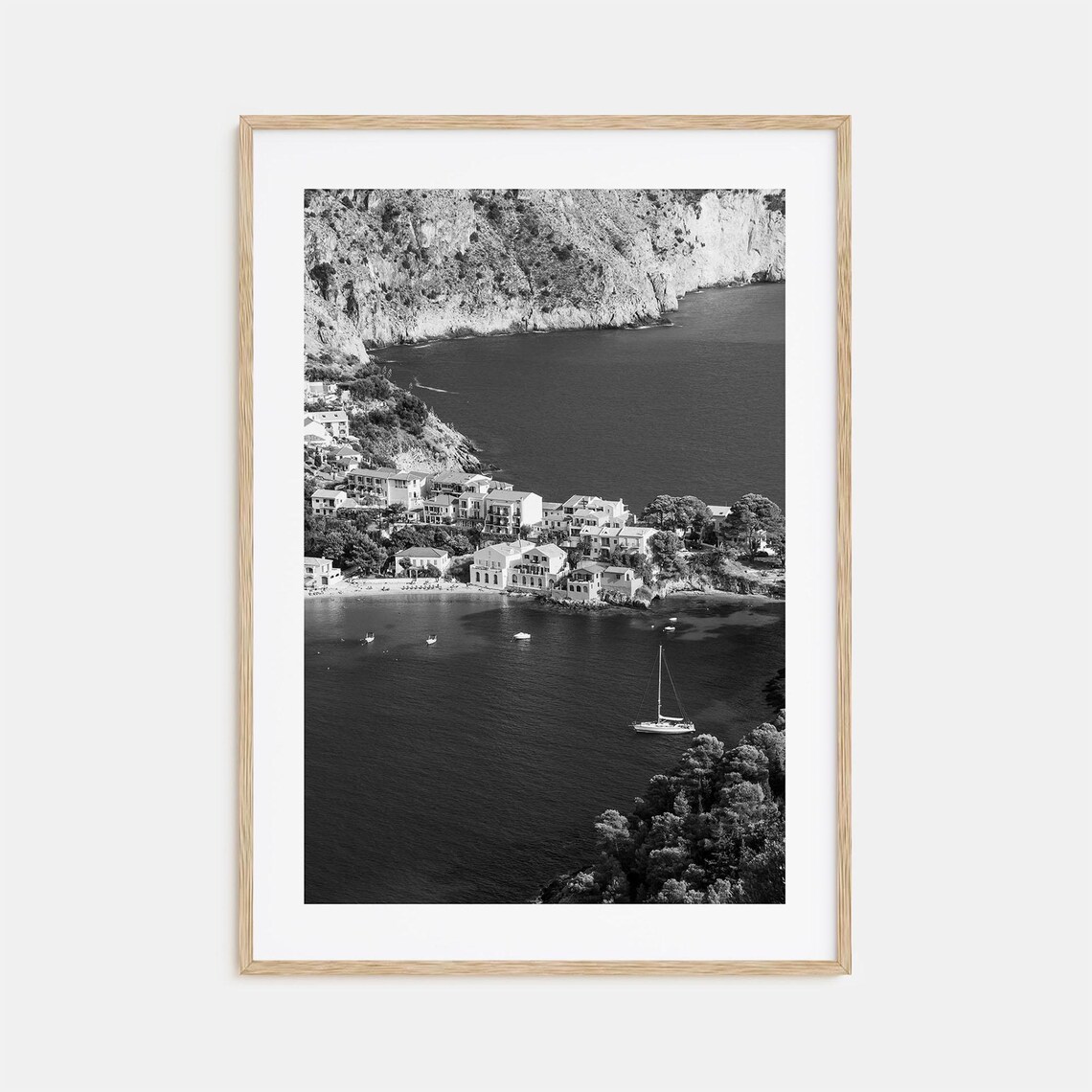 Cephalonia Greece Seaside Village Cliffs Cove Black White Poster