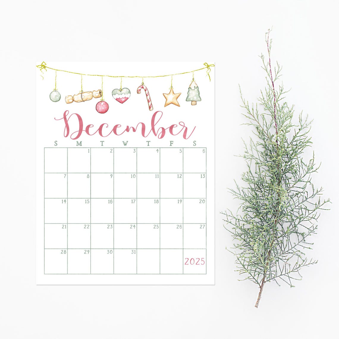 December 2025 Calendar Hanging Ornaments Pink Script Wall Planner - Image 2