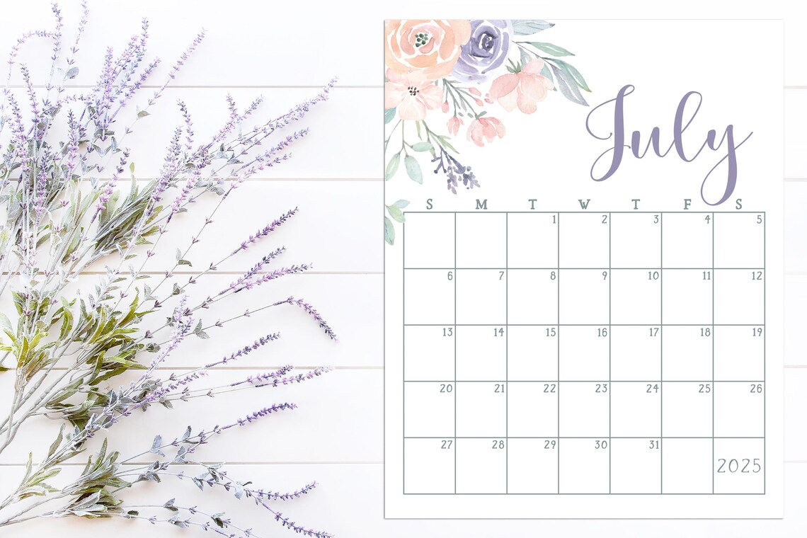 July 2025 Calendar Pastel Floral Bouquet Lavender Monthly Planner - Image 4