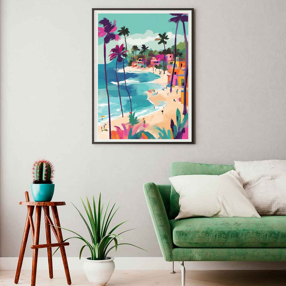 Pink Palm Trees Tropical Beach Cove Turquoise Water Art Poster - Image 2