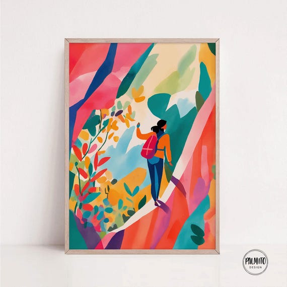 Hiker Girl In Mountain Landscape, Bold Nature Print