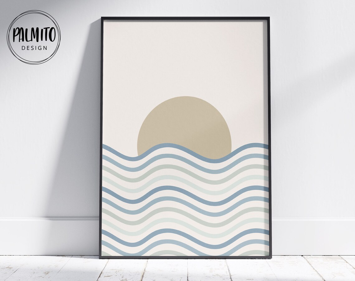 Rising Sun Beach Print Abstract Wall Art Wavy Lines In Blue Tones Coastal Decor Beach Surf Poster