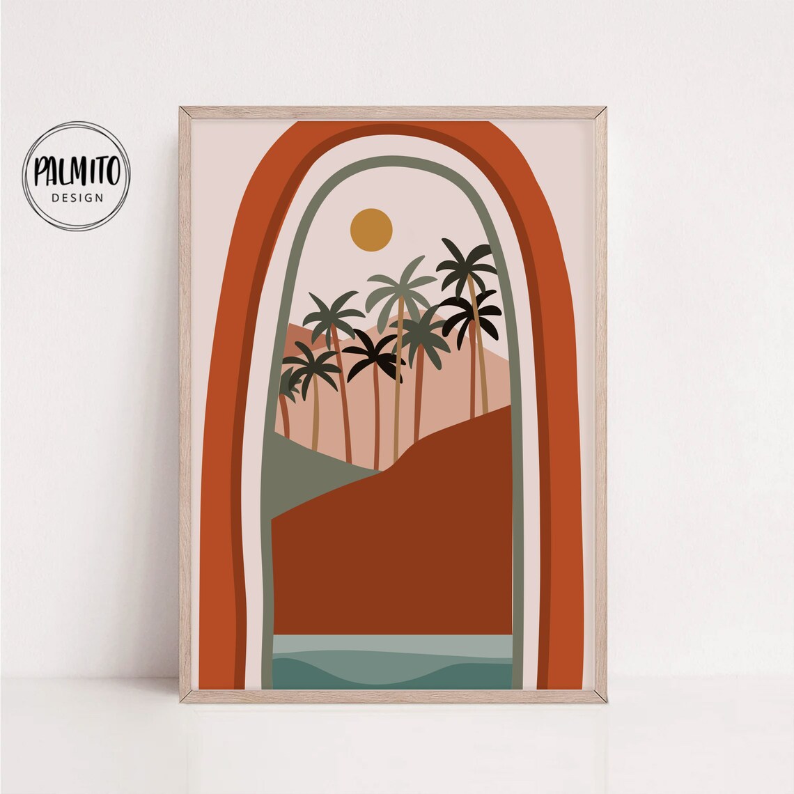 Terracotta Boho Rainbow Arch Palm Trees Sun Sea Retro Landscape Poster