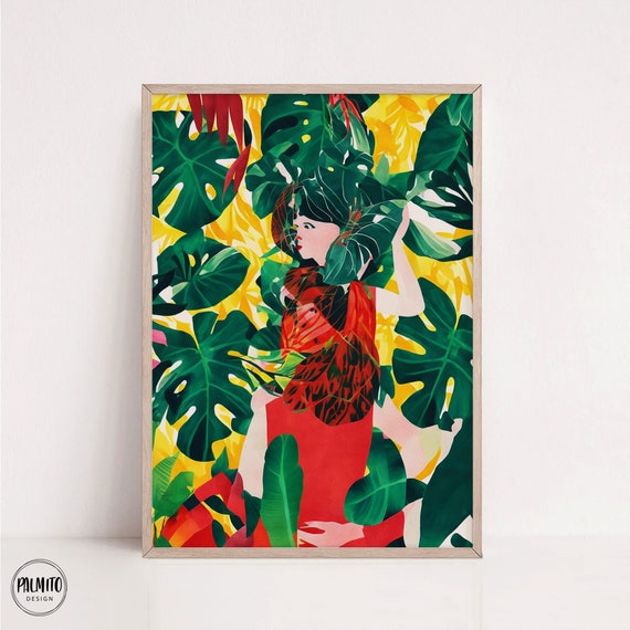 Colorful Print Maximalist Decor Abstract Girl In Jungle Wall Art Print Bright Wall Art Colorful Leaves Bold Print