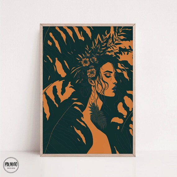 Orange and Green Duotone Woman Profile Floral Portrait Poster