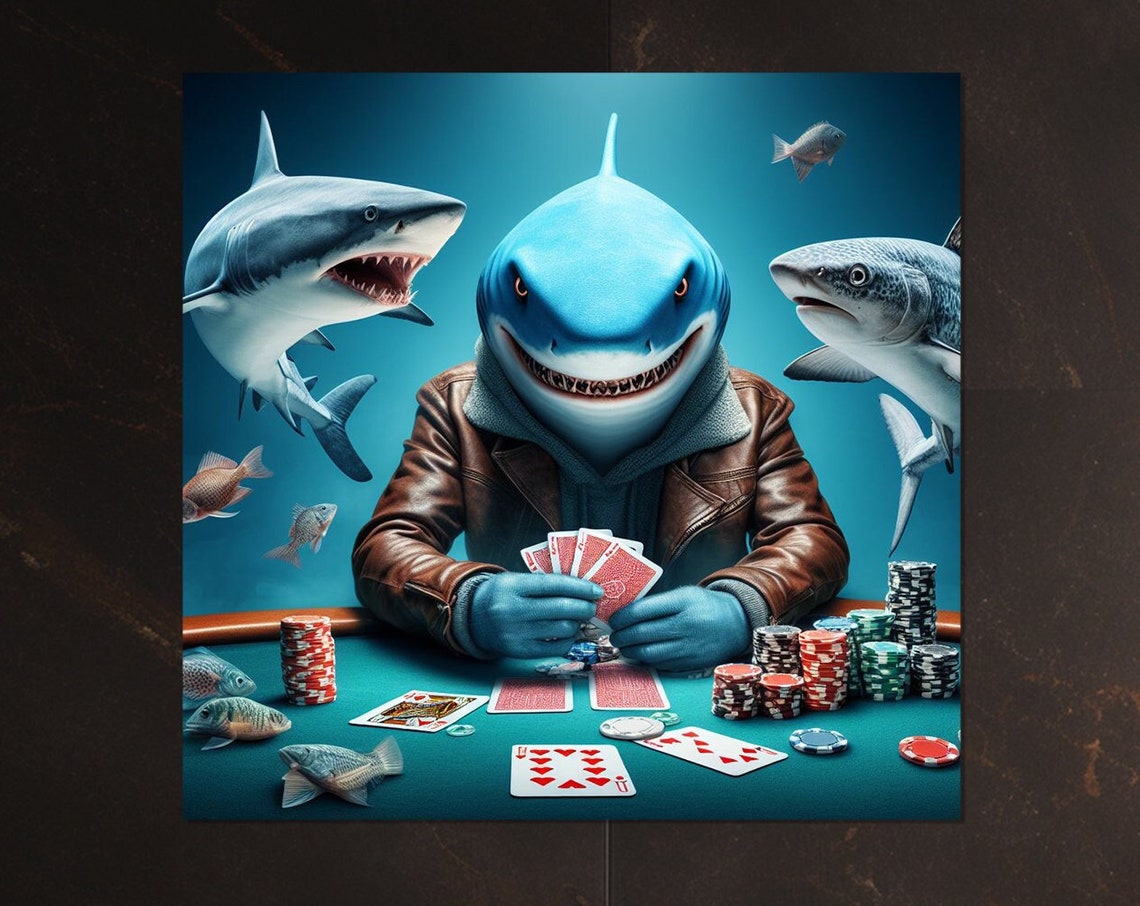 Shark in Leather Jacket Playing Poker Underwater Scene Man Cave Poster - Image 4