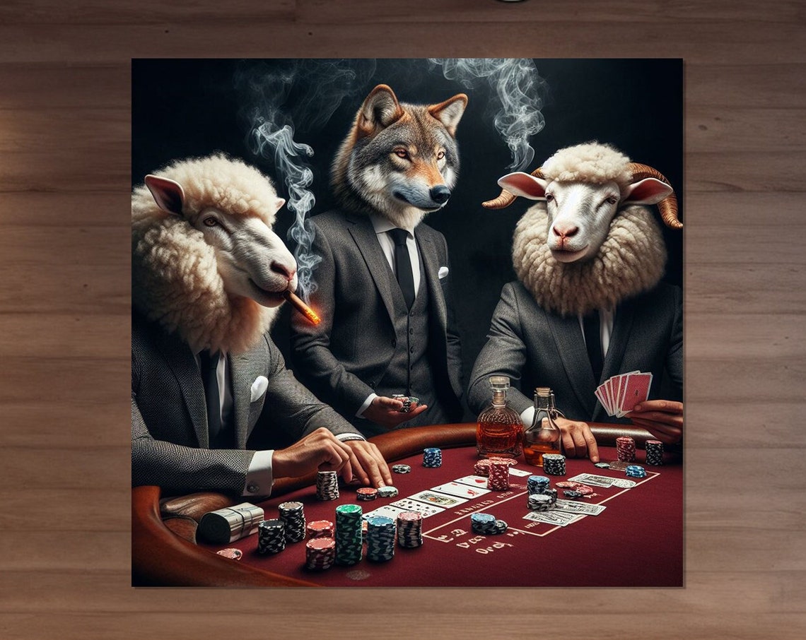 Wolf in Suit Playing Poker With Sheep Cigar Whiskey Game Room Poster