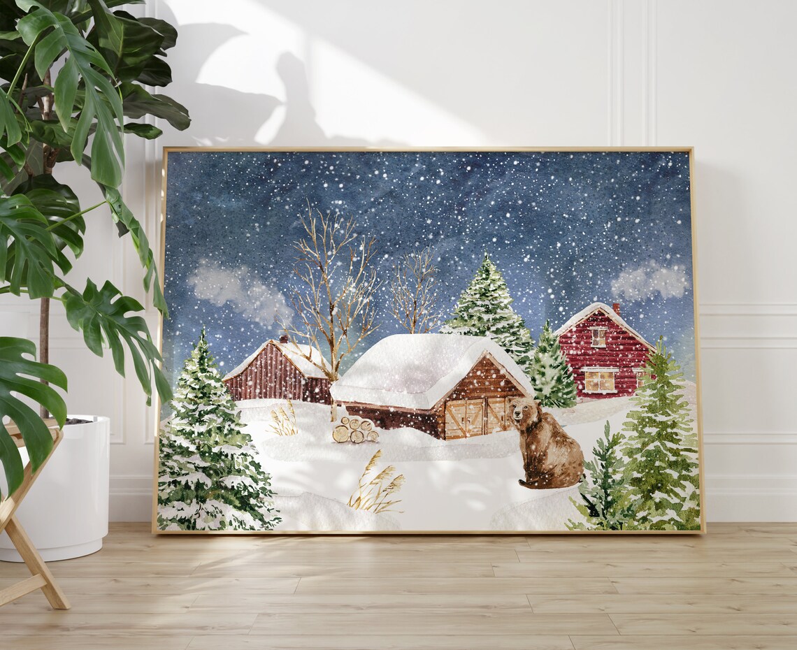 Brown Bear In Snowy Farm Scene With Red Barn Watercolor Poster - Image 2