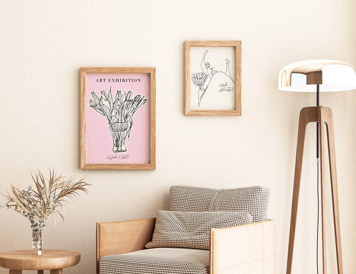 Art Exhibition Gallery Tulip Line Bouquet Pink Botanical Art Print - Image 2